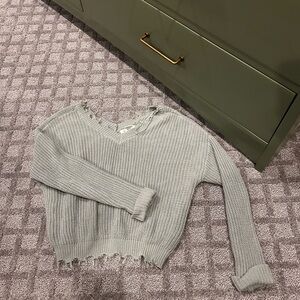 Women's Chic Sage Green V-Neck, Off the Shoulder Cropped Sweater